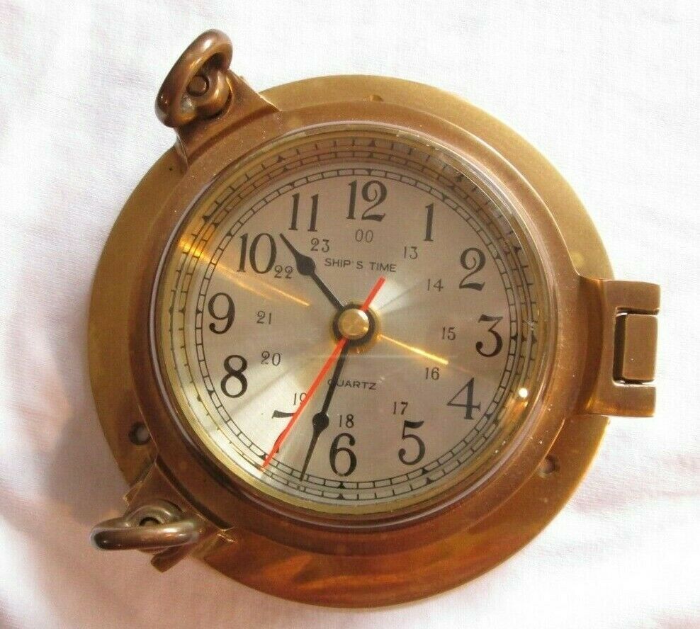 Vintage Brass Ship's Time Quartz Clock - Porthole Nautical