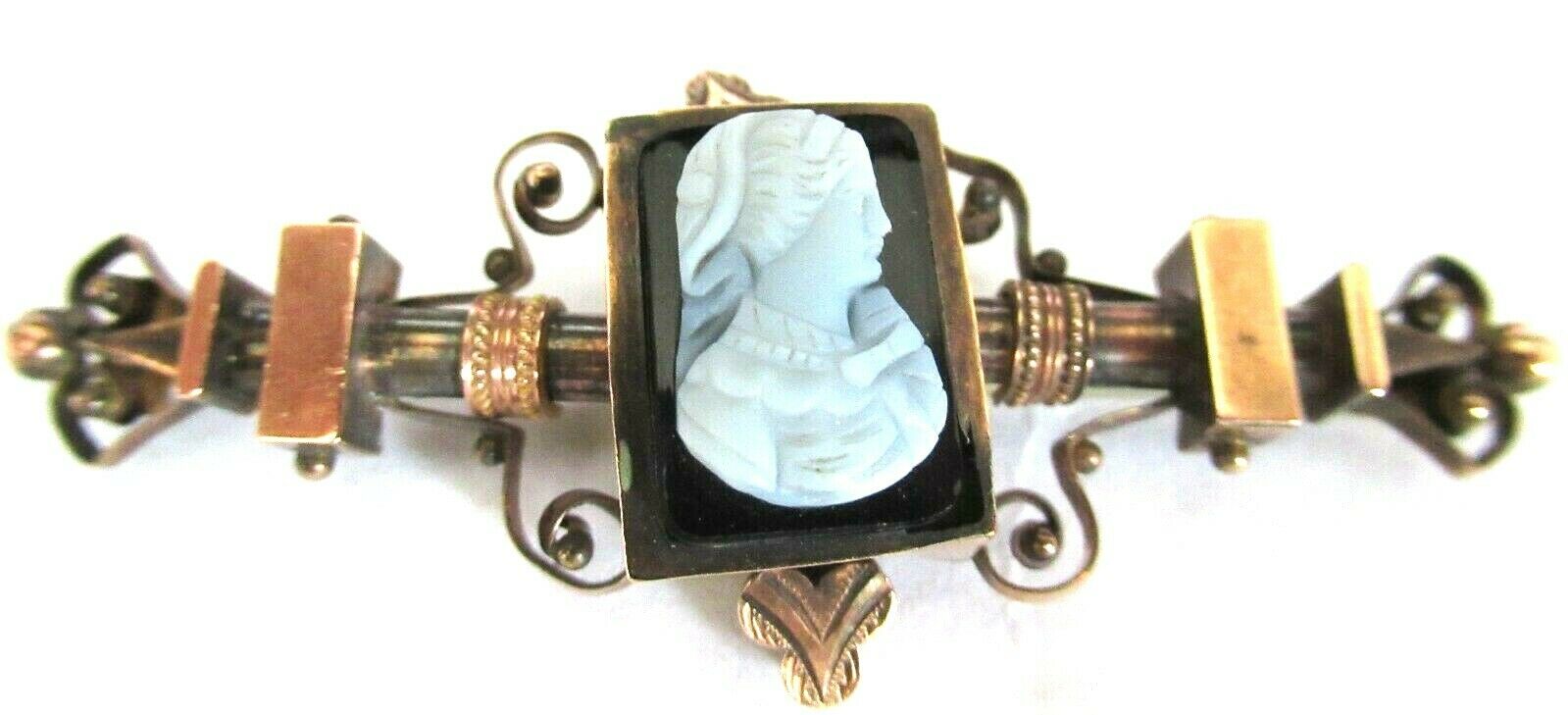 Carved Stone & Onyx Cameo 9k Gold Highlights Victorian Pin/brooch