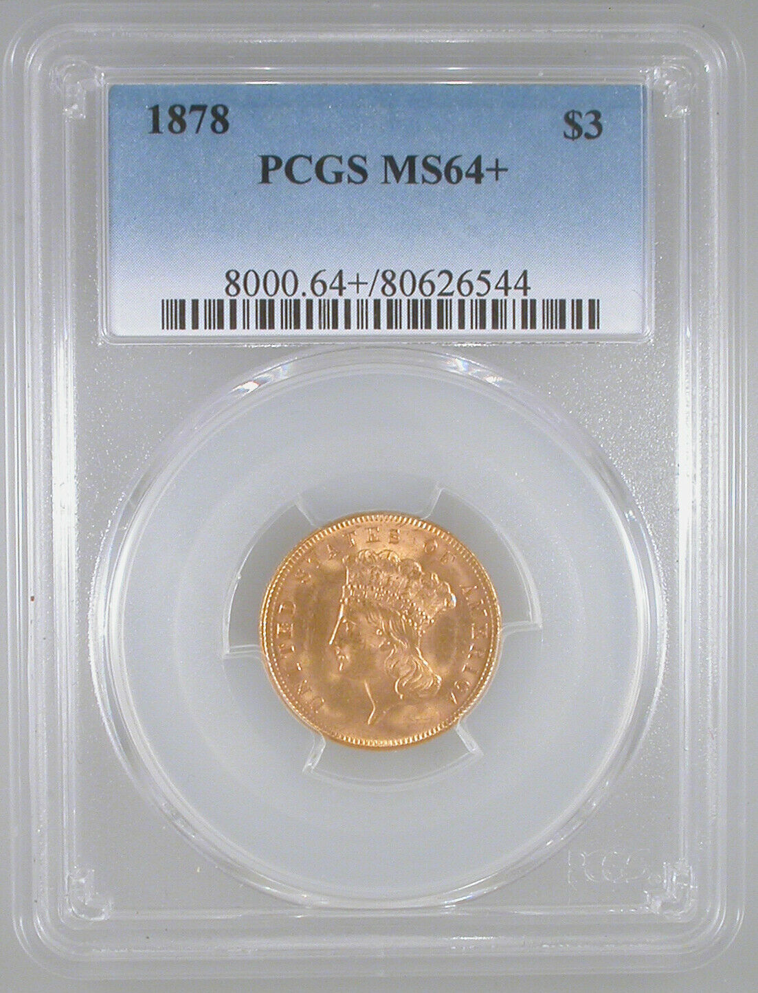 1878 $3 Gold Indian Ms-64+ Pcgs Certified