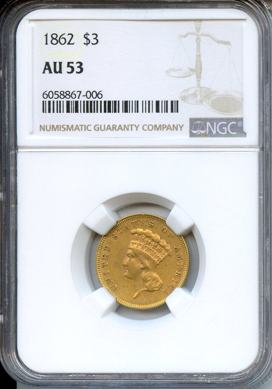 1862 $3 Gold Ngc Au53