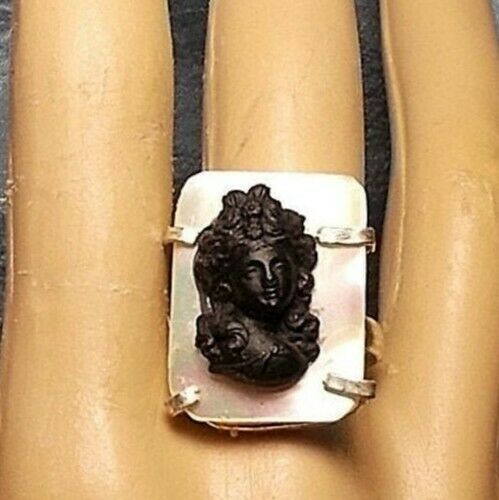Antique Black Jet Cameo Ring Curly Hair Up, Flowers, Beads In Silver Barse Ring