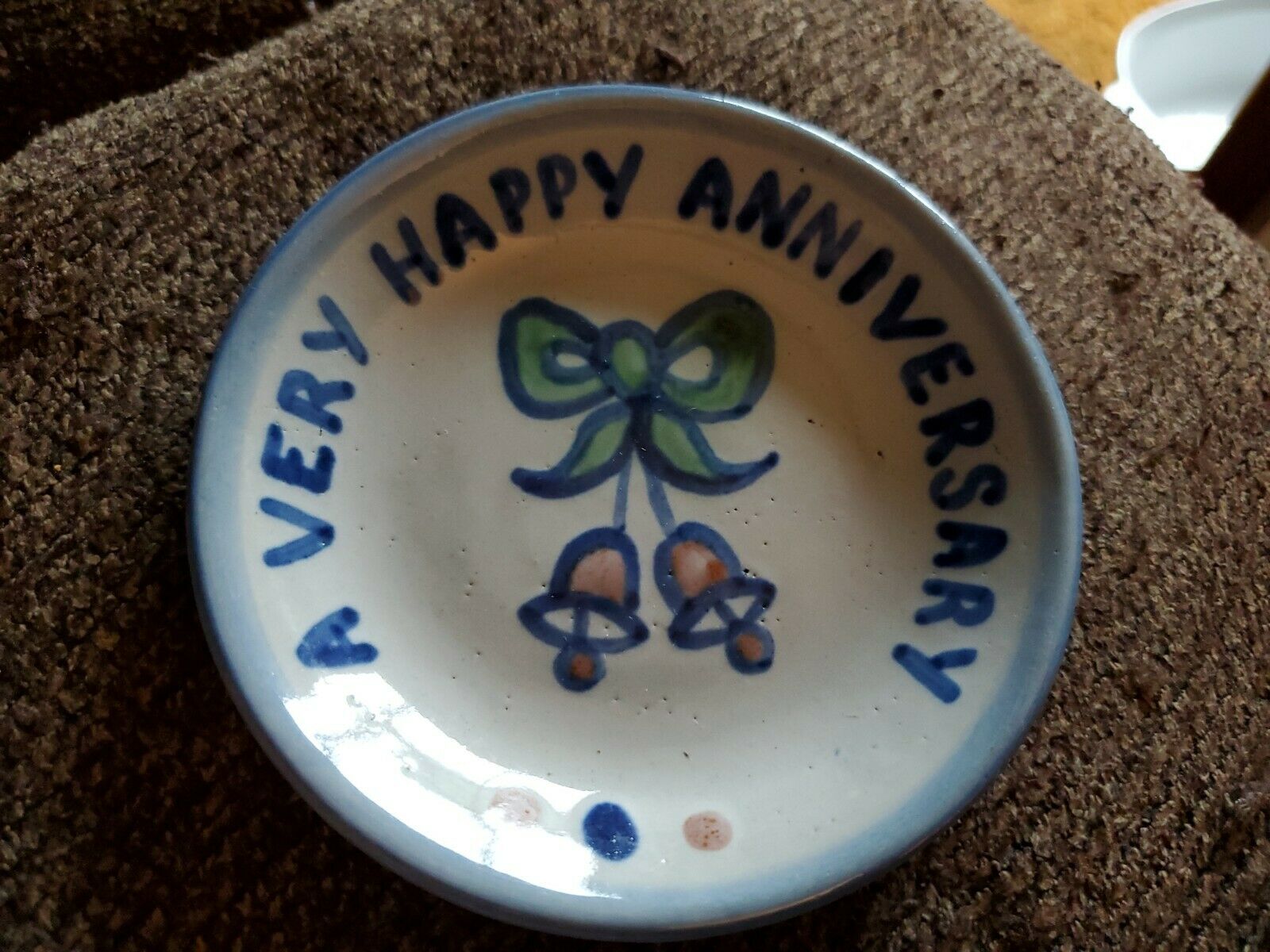 M A Hadley Pottery 4 1/8" Coaster/trinket Dish - Happy Anniversary