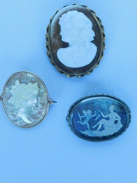 3 Antique Victorian Cameo Brooch Pins Intaglio Glass Cherub, Lady Mop & Lava