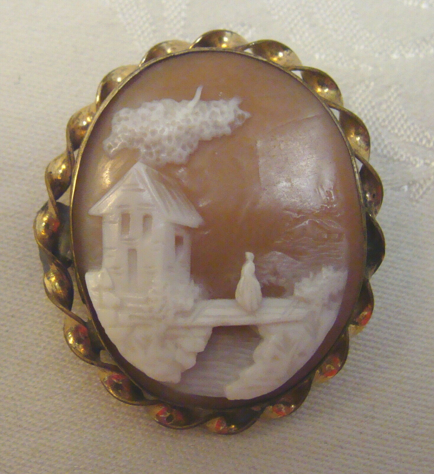 Antique Carved Shell Cameo Brooch, Lady On Bridge, House