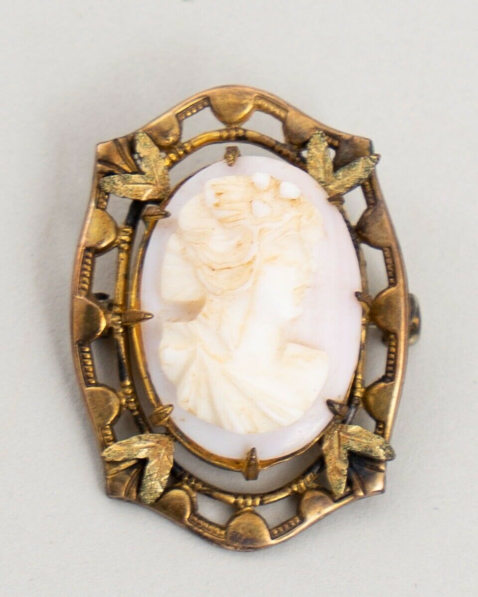 Antique Victorian Yellow Gold Plated Carved Shell Cameo Brooch Pin 1.25"