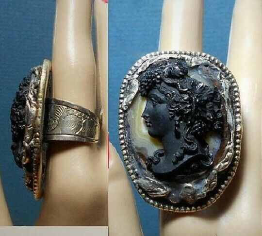 Sale Black Bacchante Cameo Ring Huge Nearly 2 " Tibetan Silver Repousse Adj Ooak