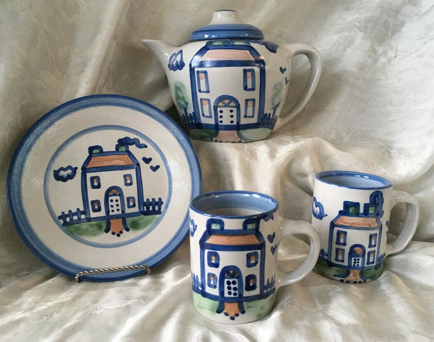 M A Hadley Pottery Hand Painted Country House Set ~ Teapot, 2 Mugs, 1 Plate