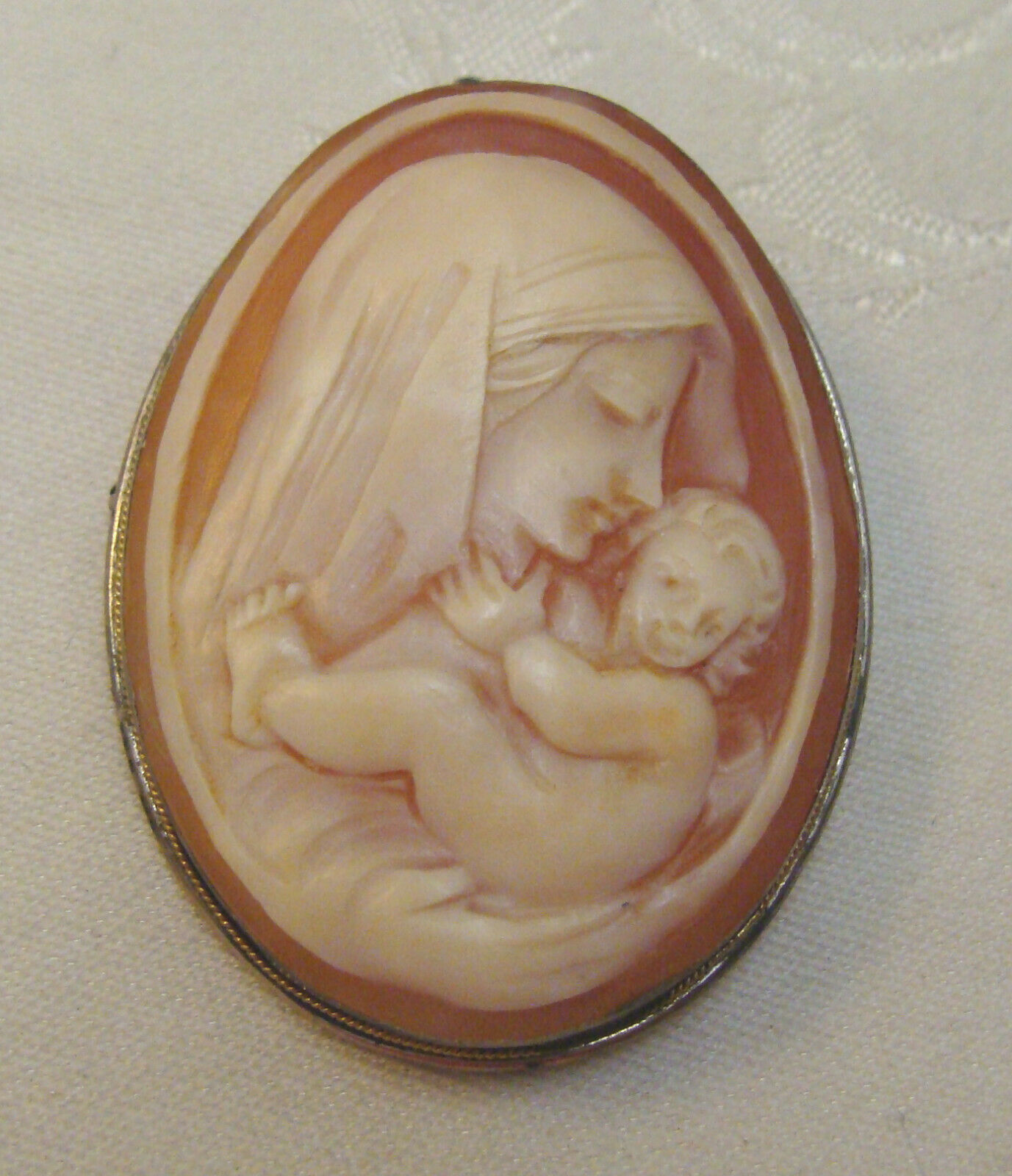 Antique Large Italian Carved Shell Cameo Brooch, Pendant, Madonna & Child Silver